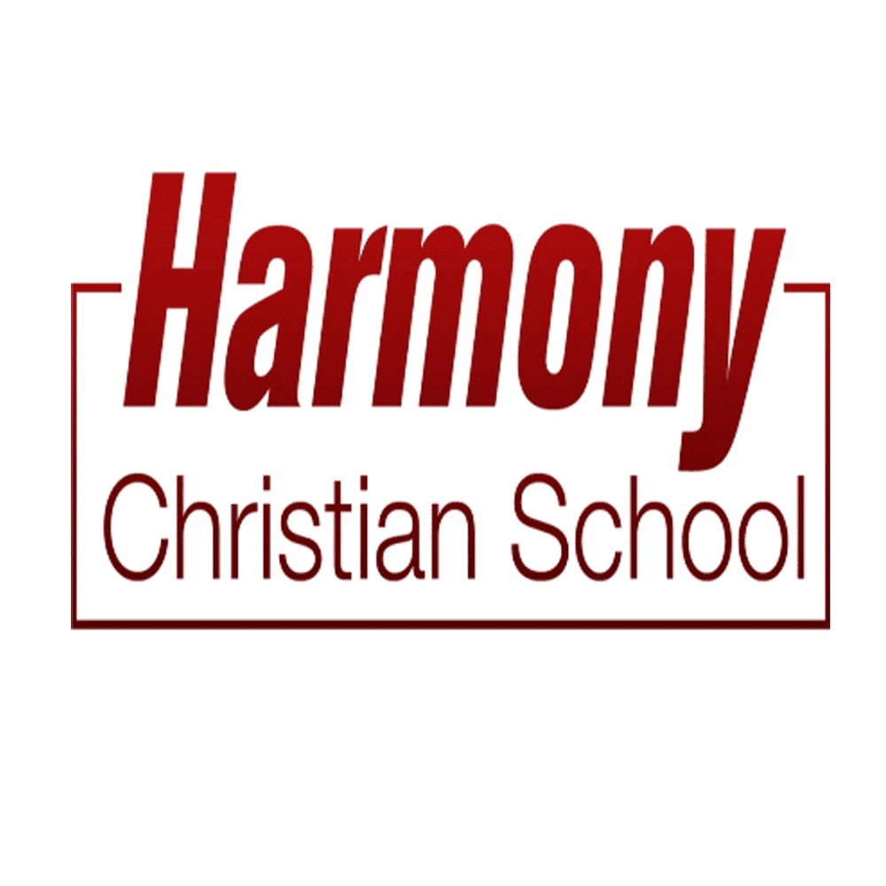 Harmony Christian School logo in red text within a rectangular border on white background