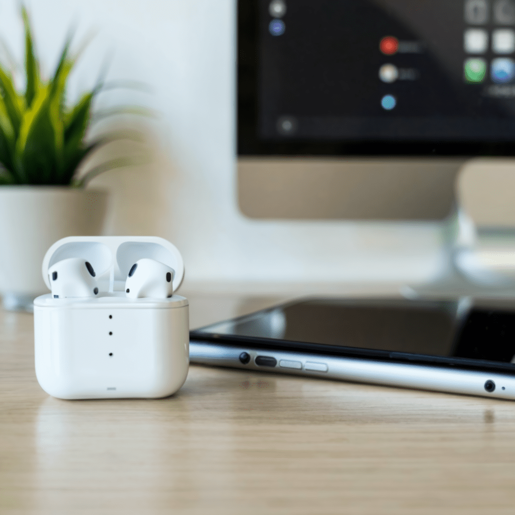 Close up of earpods on a desk next to a mobile phone
